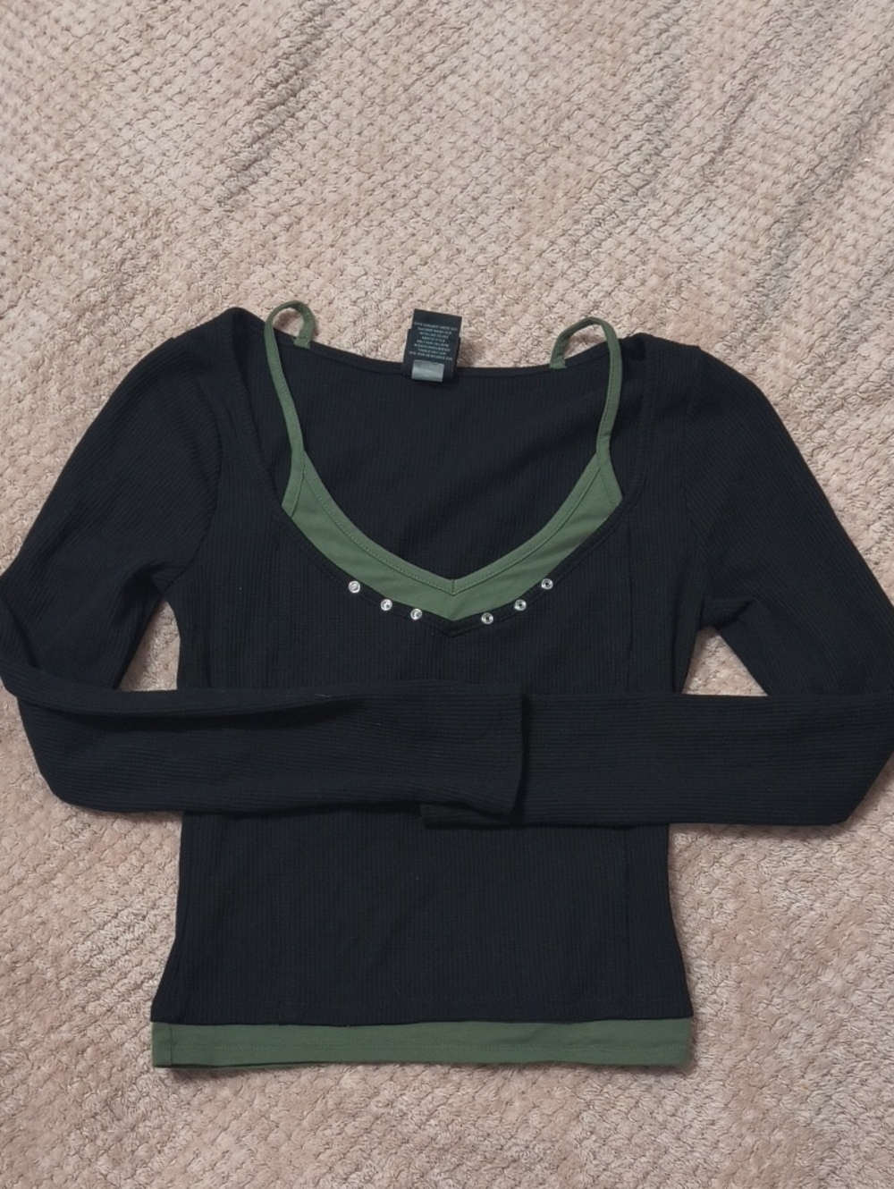 Hot Topic Black Long Sleeve Layered-Look Top with Olive Trim